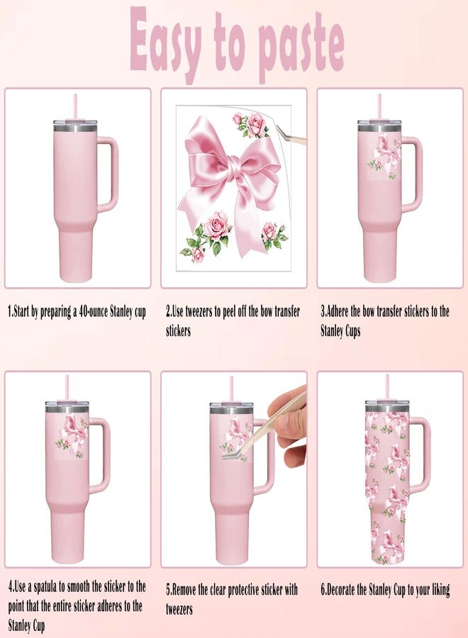 Foaryoer UV DTF Transfer Bow Stickers for Water Bottles,15 Sheets Pink Bow Rose Sticker for 40 OZ Love Shack Fancy Floral Stanley Cup Accessories, Cute Cup Stickers for DIY Tumbler,Water Bottles,Laptops(Pink) - Image 4